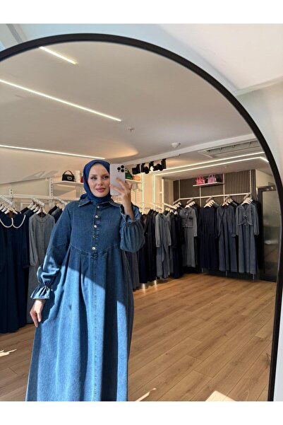 OlaLady Γυναικείο φόρεμα τζιν με κουμπιά μπροστά και λεπτομέρεια πλισέ