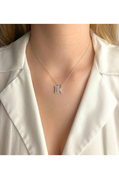 Şimal Silver 925 Ayar Gümüş Rodyum Kaplamalı Baget Taşlı - K - Harfi Kolye