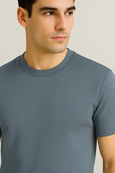 Ramior Ανδρικό μπλουζάκι Basic Slim Fit σε γκρι ανθρακί με ριμπάντα σχέδιο