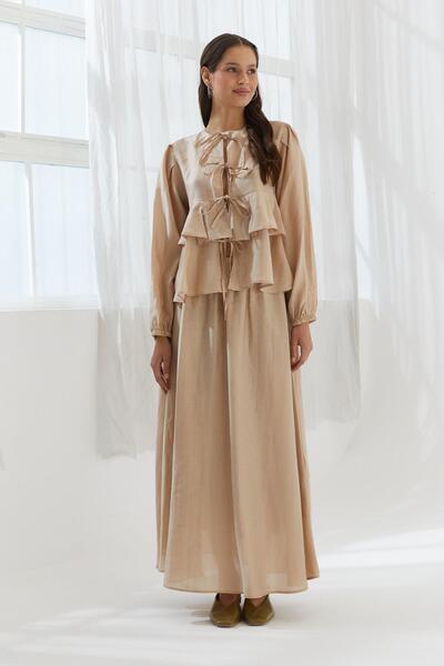 Shopping Shop Ruffled Blouse Skirt Set with Tie-Up Front Tas