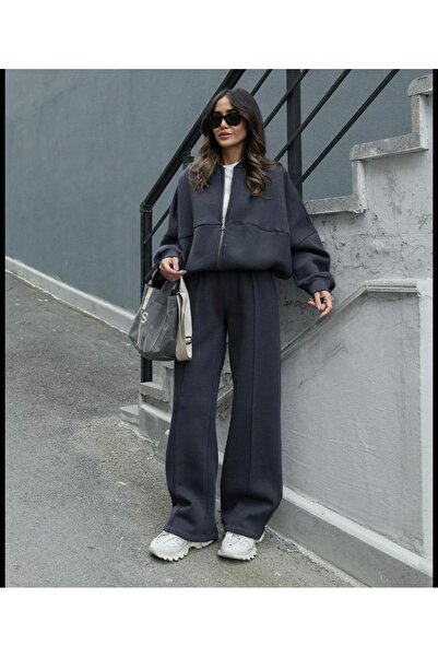 Zeynep Öykü Style طقم بدلة رياضية نسائية من قماش القطن الممشط المزخرف بثلاث خيوط