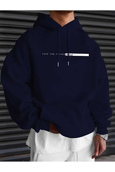 caddekombin Face the Future Printed Hooded Cotton Navy Blue Sweatshirt with Pockets
