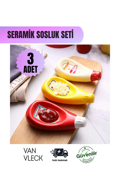 VAN VLECK 3’lü Seramik Sosluk Seti – Ketçap, Mayonez ve Hardal, Şık ve Dayanıklı Mutfak Sosluğu