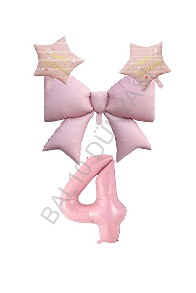 BAL10 DÜNYASI Pink Color Star Bow Number Foil Balloon Set Age 4