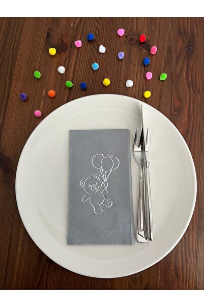 kidspartim مناديل مائدة مطبوعة على شكل دب لطيف باللون الرمادي الفضي المذهب 16...