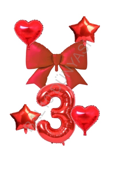 BAL10 DÜNYASI Red Color Heart Star Bow Number Foil Balloon Set Age 3