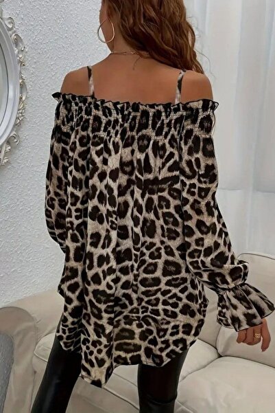 Mossta Leopard Patterned Off-Shoulder Single Jersey Blouse - Leopard