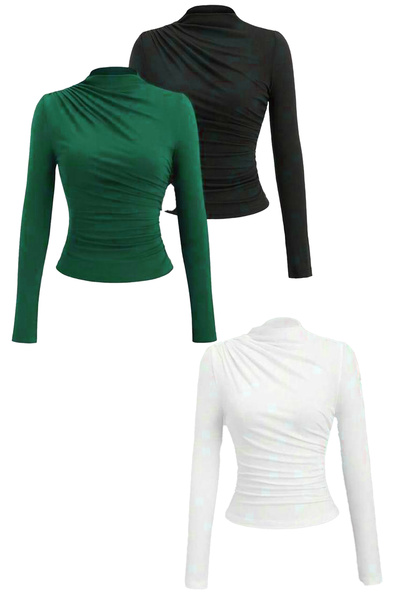 Cockatoo Bluză pentru femei NEGRU VERDE ALB cu mâneci lungi cu șnur Dr drapat...