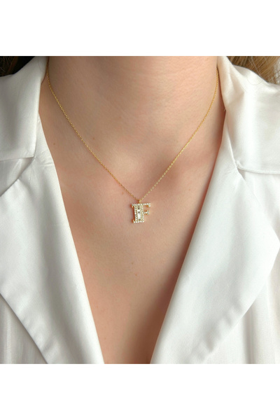 Şimal Silver 925 Ayar Gümüş Altın Kaplamalı Baget Taşlı - F - Harfi Kolye