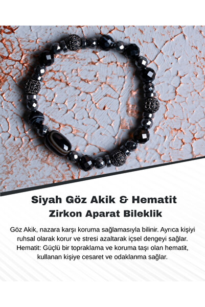 Saff Doğal Taş Eye Agate & Hematite Zircon Apparatus Bracelet