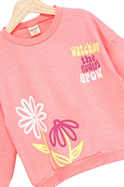 Divonette Girl's Sweatshirt Pink Long Sleeve Children's Sweatshirt with Letter and Floral Pattern