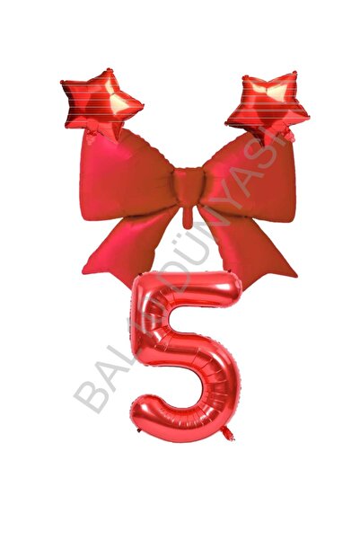 BAL10 DÜNYASI Red Color Star Bow Number Foil Balloon Set 5 Years Old