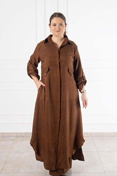 Bedrinxxl Kadın Büyük Beden Kahverengi Uzun Gömlek Pantolon Cepli Düğmeli Tes...