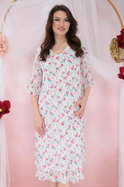 Vanessa Line RO Rochie evazata din voal alb cu print floral roz
