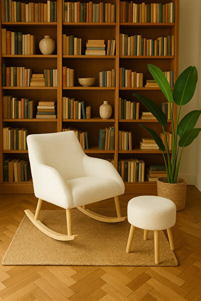 DEKOR MOBİLYACIM Readiniko Sallanan Sandalye ve Açık Krem Puf Tv Koltuğu Emzi...