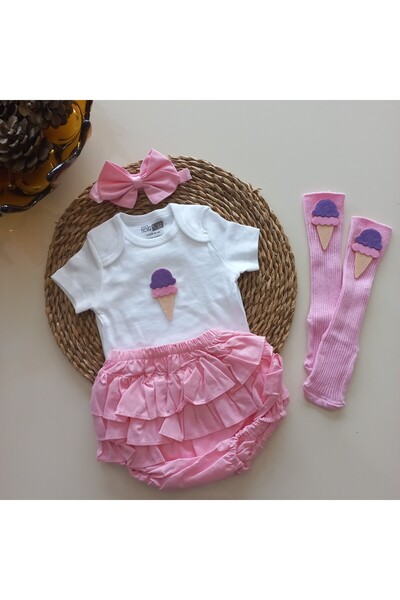 Grande Home Kız Bebek Dondurma Pembe Fırfır Şort Etek Bandana Çorap Takım