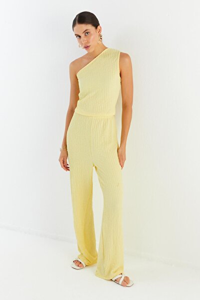 Shopping Shop One Shoulder Seersucker Fabric Blouse Pants Set Yellow