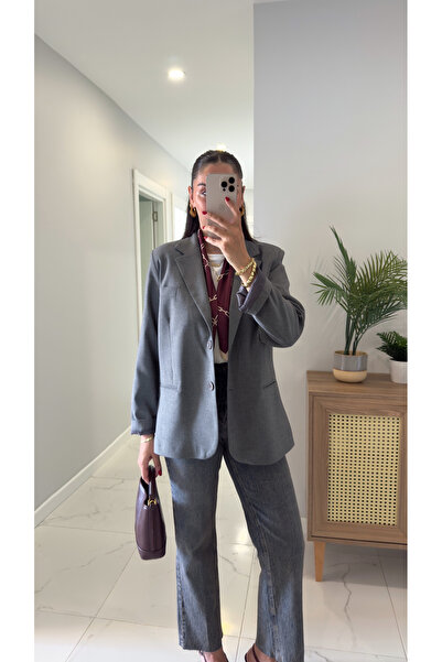 BİRCANÇİL Almitha Gri Vatkalı Blazer Ceket