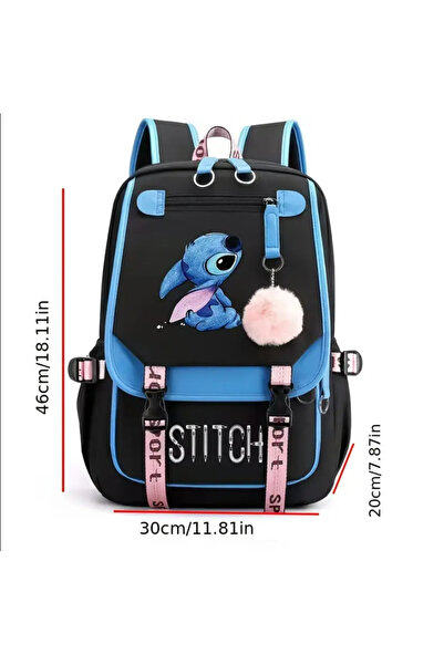 BABUN Широкий рюкзак для школи з великою місткістю, з помпонами, милий Стіч, для дівчаток, початкова школа, середня школа, сумка