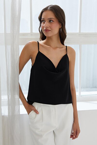 Shopping Shop Askılı Degaje Yaka Saten Bluz SIYAH