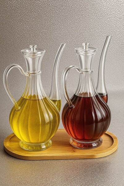 Reoona Borosilikat Cam Glorry Yağlık ve Sirkelik 2'li Set 700 ml +700 ml Bambu Standlı Çizgili Tasarım