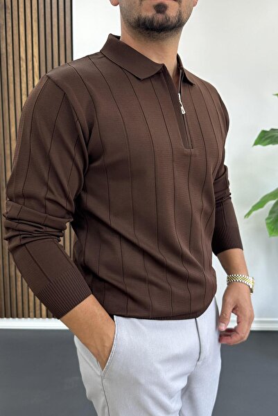 Edwox Мъжки сезонен пуловер с поло яка с половин цип, кафяв Edw195