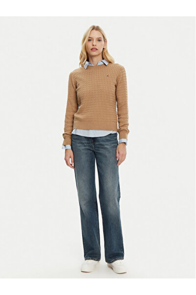 Tommy Hilfiger Kadın Normal Kalıp Ribana Yakalı Uzun Kollu %100 Pamuklu Örme Bej Kazak WW0WW44993-RBC