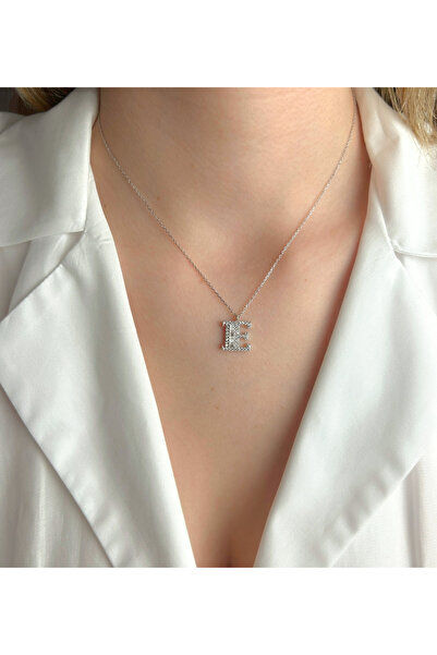 Şimal Silver 925 Ayar Gümüş Rodyum Kaplamalı Baget Taşlı - E - Harfi Kolye