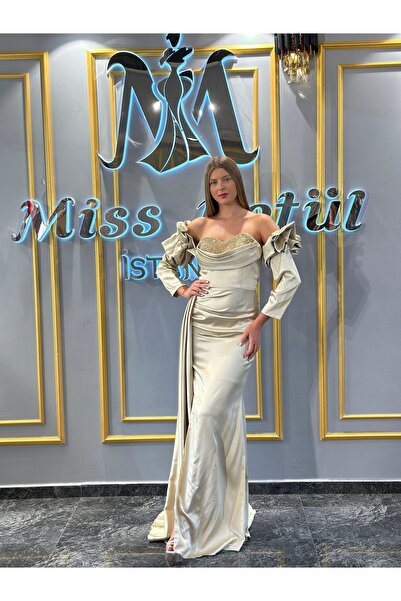 MissBetül Straplez Saten Göğüs Taş Detaylı Abiye Nişan Elbisesi