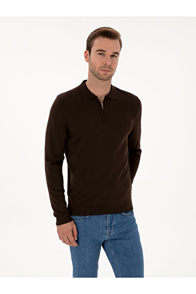 Cacharel Kahverengi Regular Fit Yün Karışımlı Fermuarlı Polo Yaka Basic Triko Kazak 50315297-VR029