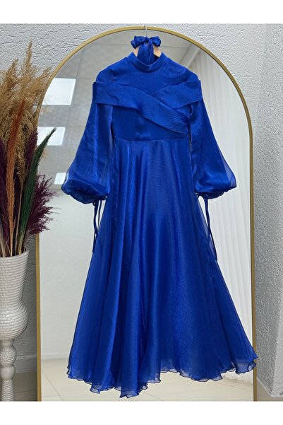 BENAHOLL فستان سهرة ييلورا بقصة منخفضة ورباط على الأكمام - PA9476 ساكس