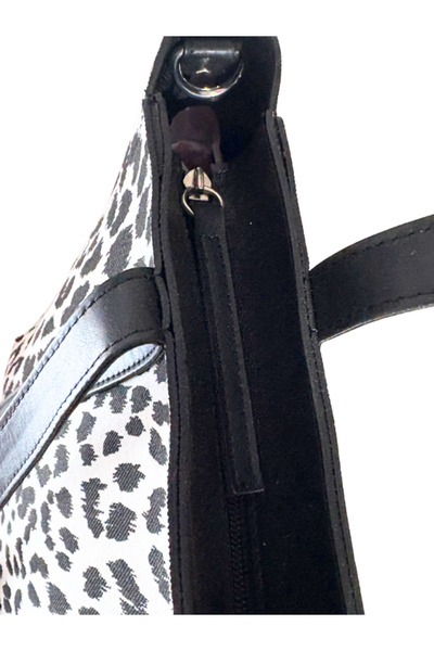 Pinkylola Balet Model Siyah Beyaz Leopar denim ,Siyah Sap Detaylı suni deri Omuz Çantası(ASTARSIZ)