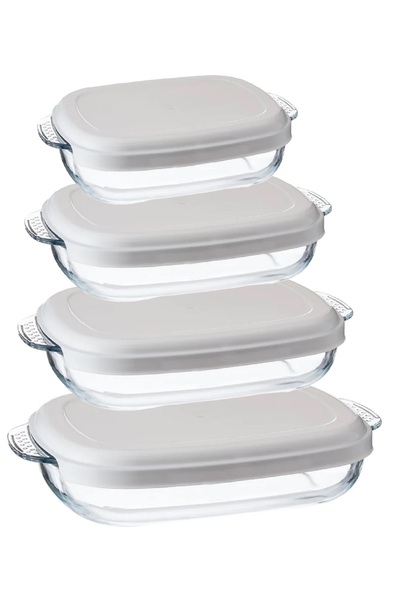 REFAN Refan 4-piece Pyrex glass oven tray set with lid, 0.7/1.6/2.4/3.9 litre capacity