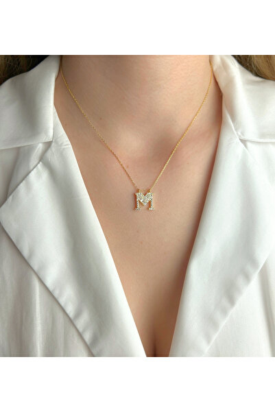 Şimal Silver 925 Ayar Gümüş Altın Kaplamalı Baget Taşlı - M - Harfi Kolye