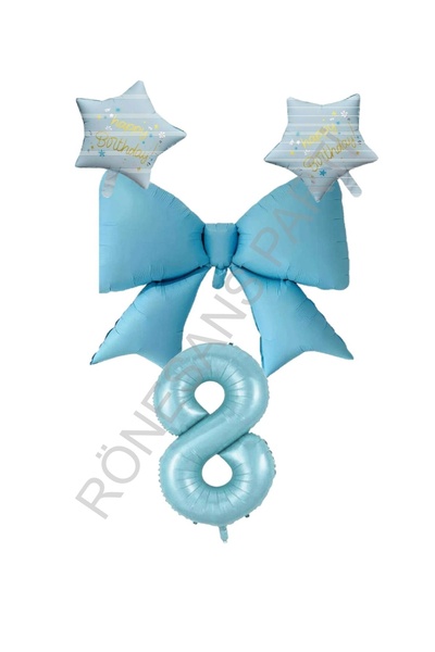 RÖNESANS PARTİ Blue Color Star Bow Number Foil Balloon Set Age 8