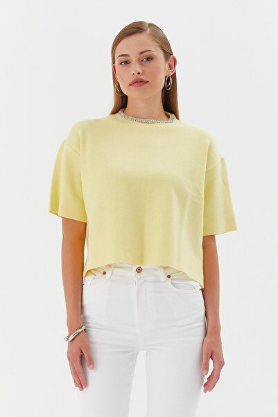 Shopping Shop Yakası Taşlı Kısa Kol Triko Kazak SARI