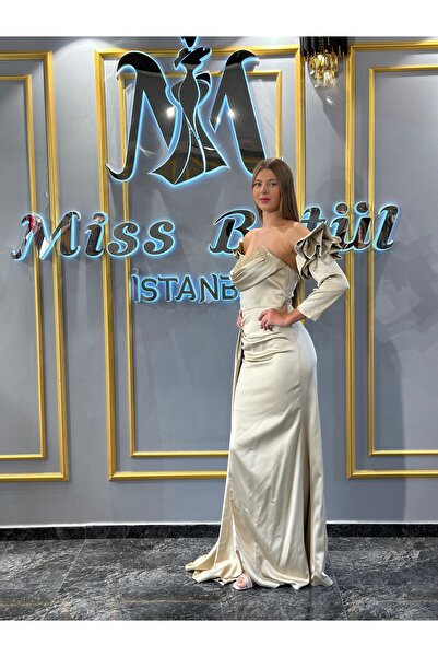 MissBetül Straplez Saten Göğüs Taş Detaylı Abiye Nişan Elbisesi