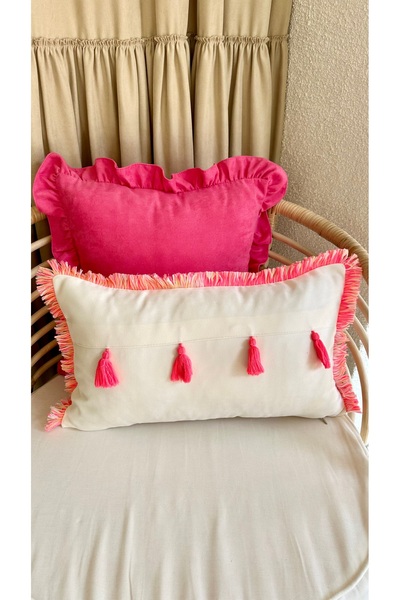 Decamor home Ecru Pink Tasseled Throw Pillow Cover 1 Piece