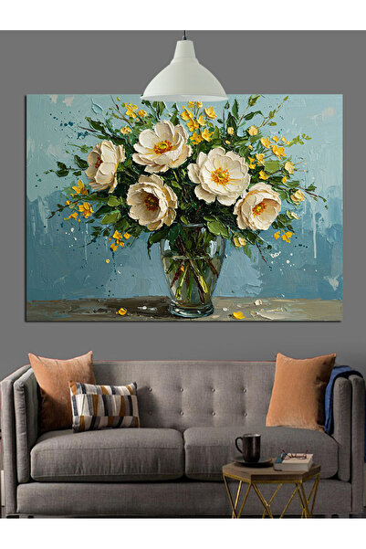 KanvasSepeti Flori albe în vază Pictură decorativă în ulei Texturată Pânză de înaltă calitate Pictură pe pânză 60 x 40 cm