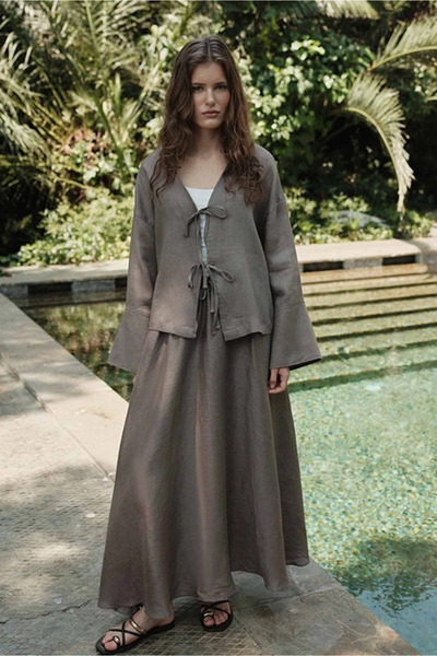 nslook Concept Store Hooopstore - Bağcıklı Dökümlü %100 Keten Kimono