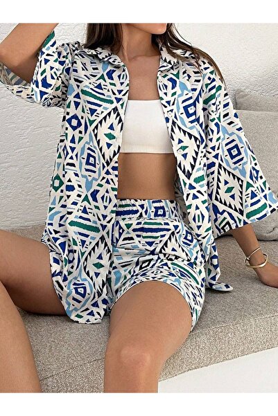 mass fashion Kadın Şort Ve Gömlek Keten Takım