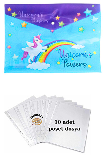 Glanart a4 boy çıt çıt ödev dosyası +10' lu poşet dosya uni mavi