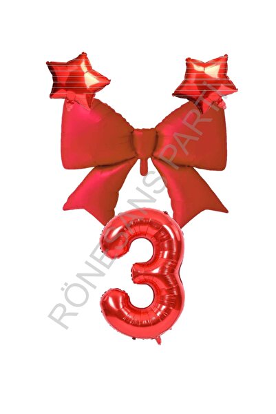 RÖNESANS PARTİ Red Color Star Bow Number Foil Balloon Set 3 Years Old