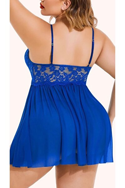 WİYONA Women's Blue Lace Off-The-Shoulder Plus Size See-Through Tulle Nightgown
