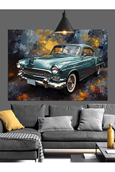 KanvasSepeti Pictură în ulei cu mașină clasică pe fundal de ziar, pânză textu...