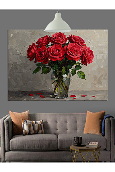 KanvasSepeti Trandafiri roșii în vază Pictură decorativă în ulei Texturată Pâ...