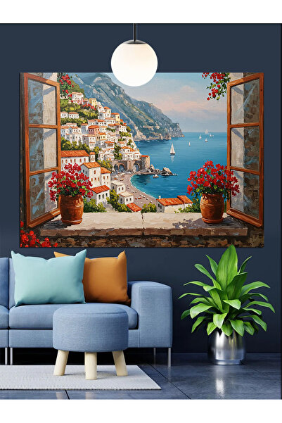 KanvasSepeti Pencereden Deniz Manzarası Yağlı boya Dokulu Yüksek kaliteli Kan...