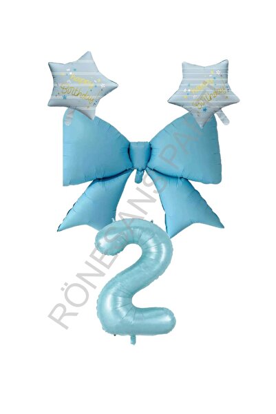 RÖNESANS PARTİ Blue Color Star Bow Number Foil Balloon Set 2 Years Old
