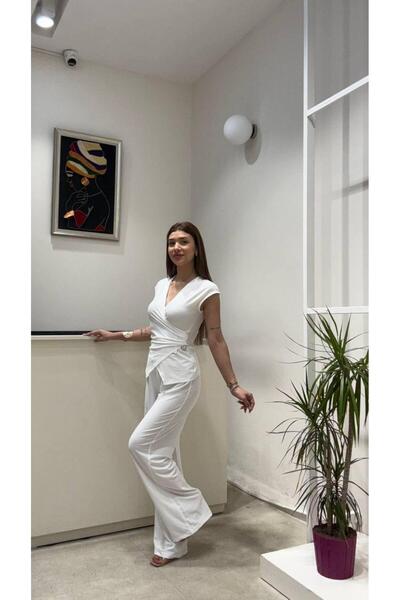 modadagiyim V-Neck Blouse and Palazzo Elastic Waist Sandy Fabric Pants Bottom Top 2-Piece Set