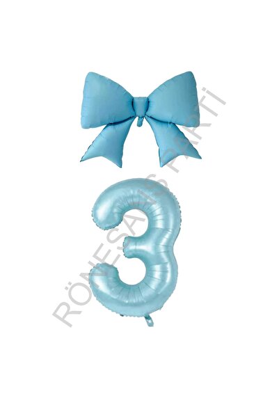 RÖNESANS PARTİ Blue Color Bow Number Foil Balloon Set Age 3